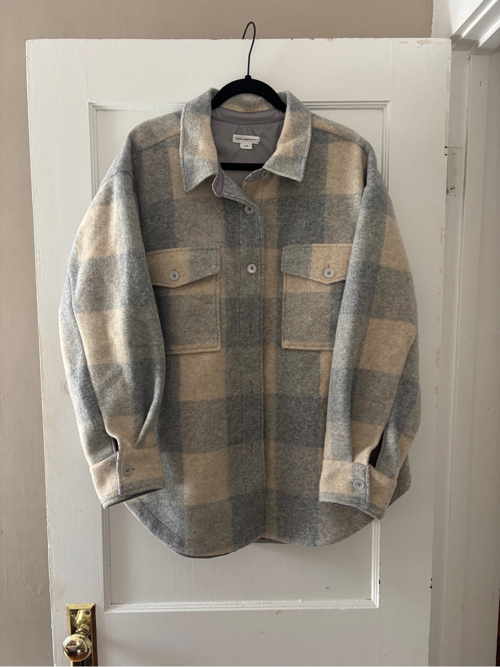 Good American Grey and Cream Plaid Shacket